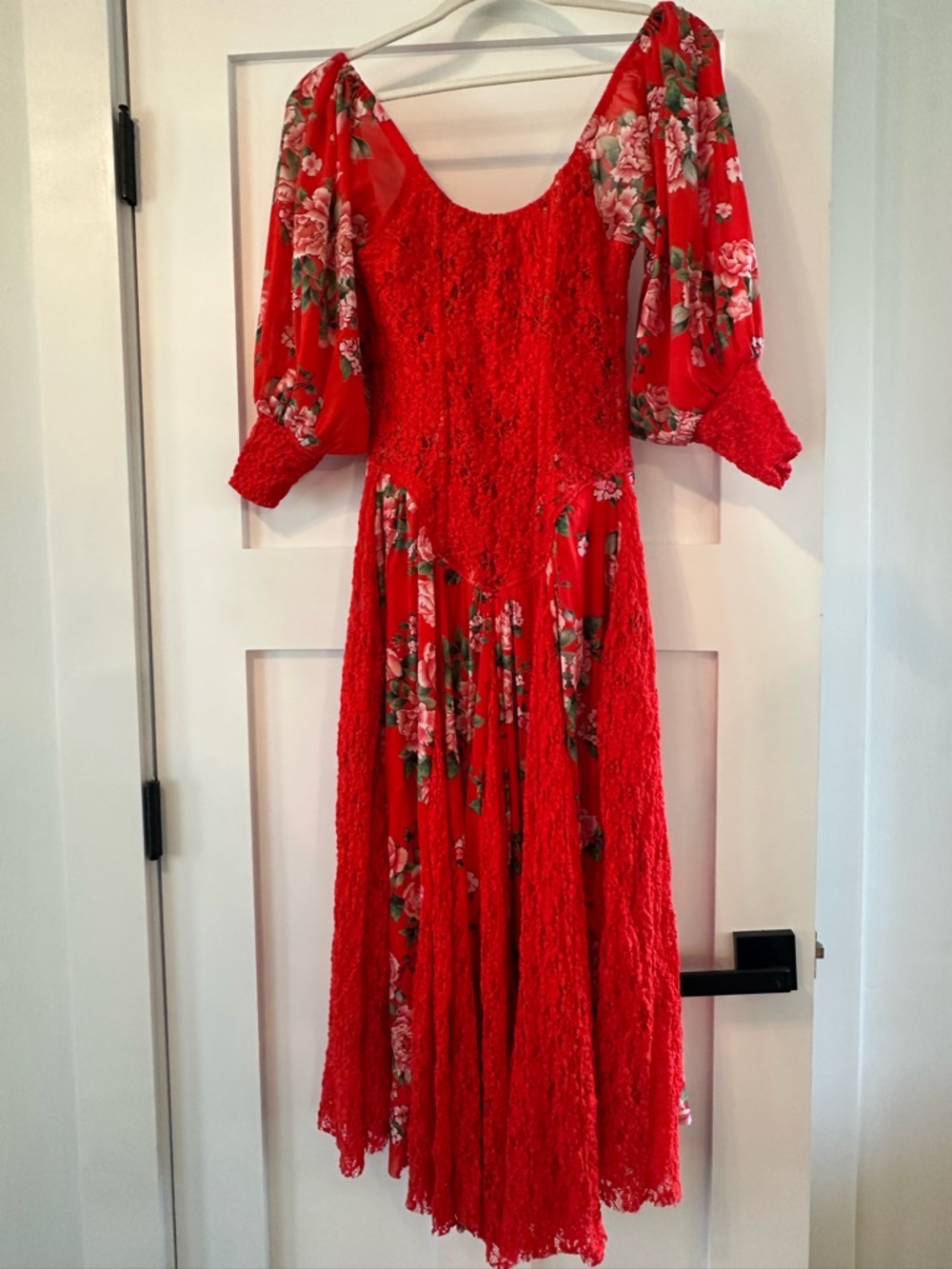 We Are Hah Boho Red Floral Lace Dress - Women's Puff Sleeve Dress Size Small